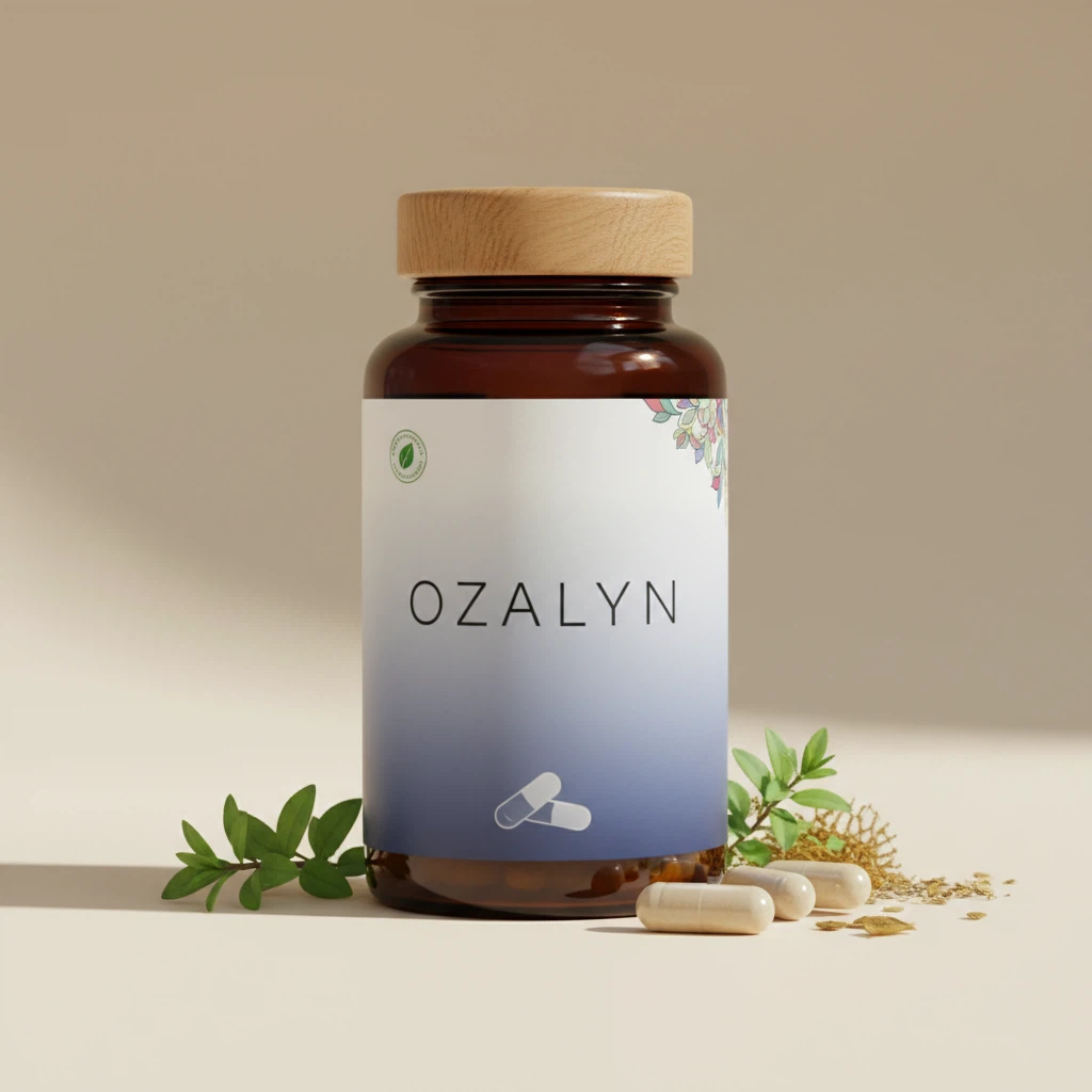 Ozalyn - compacte witte en paarse flacon met plantaardig voedingssupplement, Ozalyn-label
